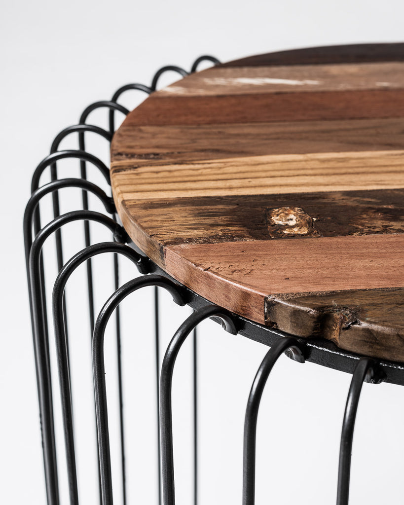 Barca Round Side Table in Recycled Boat Wood & Iron with Natural Boat Wood Finish