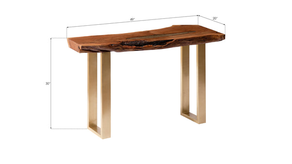 Molten Console Table, Poured Brass in Wood, Brass Legs