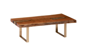 Molten Coffee Table, Poured Brass in Wood, Brass Legs