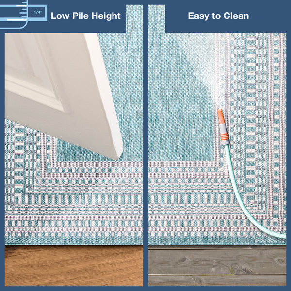 Trans-Ocean Liora Manne Malibu Etched Border Casual Indoor/Outdoor Power Loomed 88% Polypropylene/12% Polyester Rug Aqua 7'10" x 9'10"