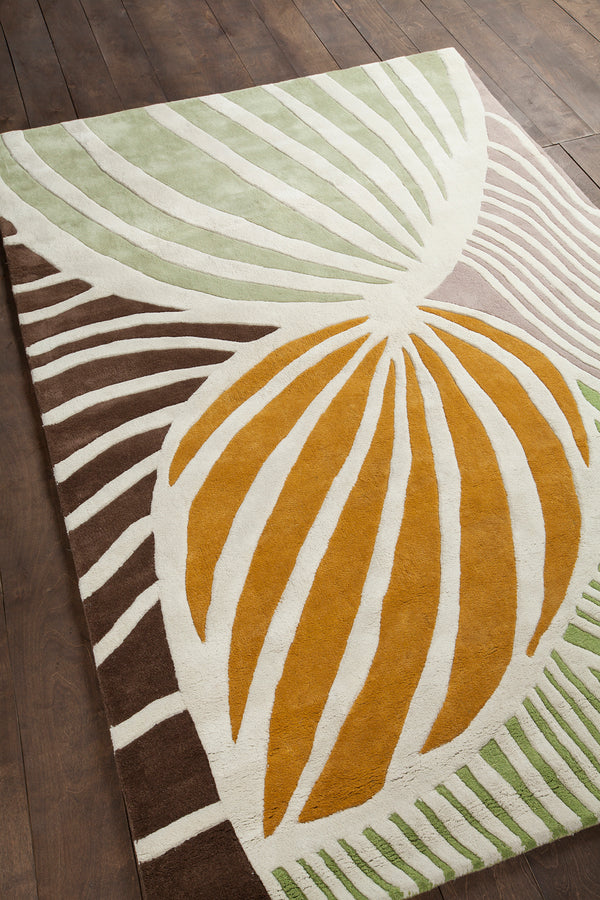 Chandra Rugs Inhabit 100% Wool Hand-Tufted Designer Rug White/Green/Orange/Grey/Brown 7'9 x 10'6