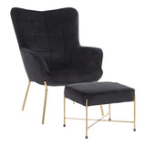 Izzy Contemporary Lounge Chair and Ottoman Set in Gold Metal and Black Velvet Fabric by LumiSource