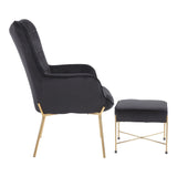 Izzy Contemporary Lounge Chair and Ottoman Set in Gold Metal and Black Velvet Fabric by LumiSource