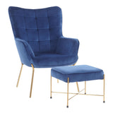 Izzy Contemporary Lounge Chair and Ottoman Set in Gold Metal and Blue Velvet Fabric by LumiSource