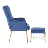 Izzy Contemporary Lounge Chair and Ottoman Set in Gold Metal and Blue Velvet Fabric by LumiSource