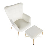 Izzy Contemporary Lounge Chair and Ottoman Set in Gold Metal and Cream Velvet Fabric by LumiSource