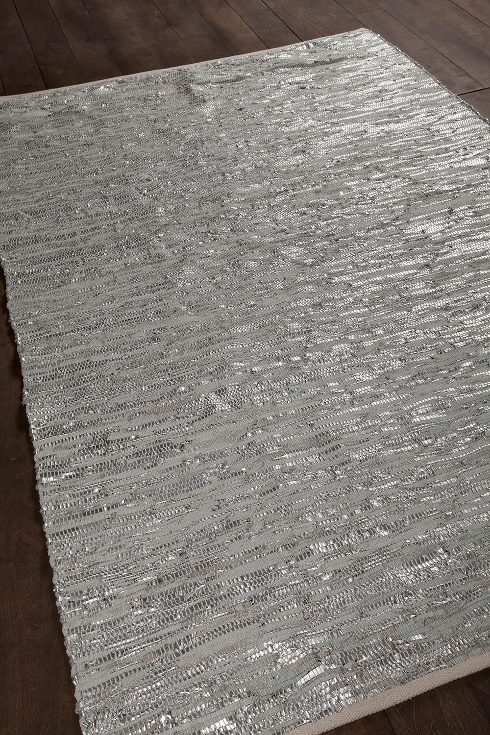 Chandra Rugs Jazz 90% Leather + 10% Cotton Hand-Woven Contemporary Reversible Rug Silver/Grey/Tan 2'6 x 7'6