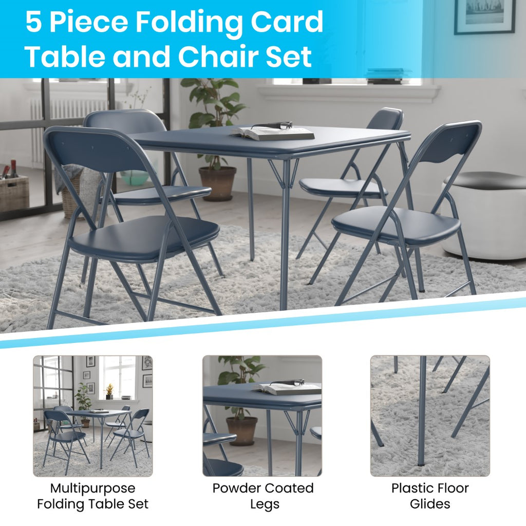 English Elm EE2027 Contemporary Commercial Grade Folding Game Table and Chair Set Navy EEV-14670