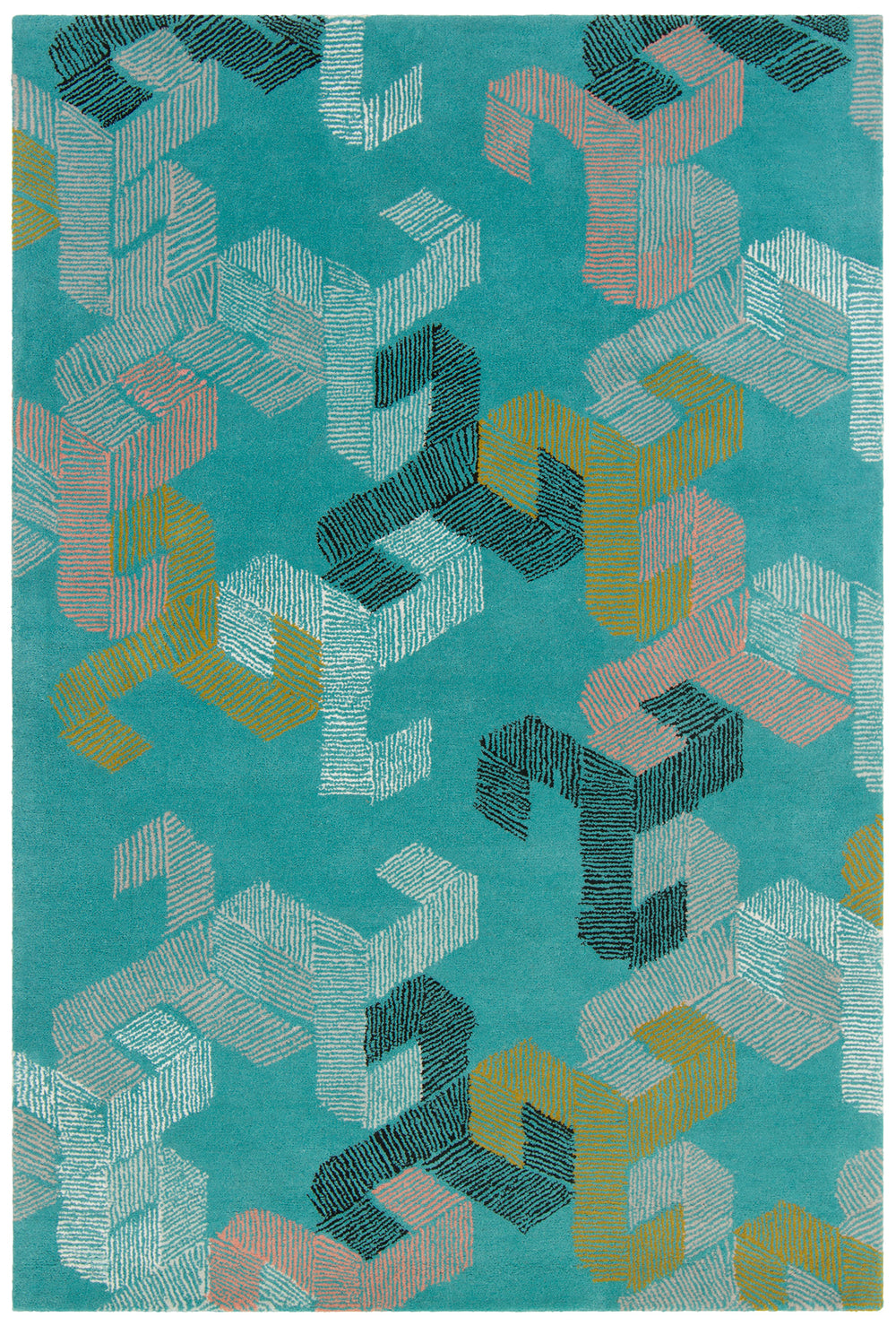 Chandra Rugs Jessica Swift 80% Wool +20% Viscose Hand-Tufted Designer Wool Rug Teal/White/Black/Pink/Gold 7'9 x 10'6