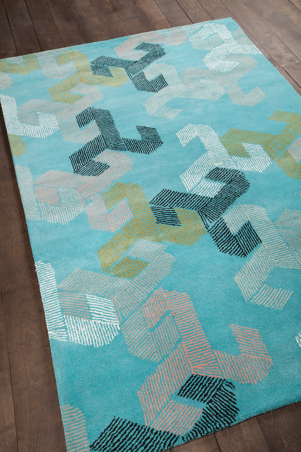 Chandra Rugs Jessica Swift 80% Wool +20% Viscose Hand-Tufted Designer Wool Rug Teal/White/Black/Pink/Gold 7'9 x 10'6