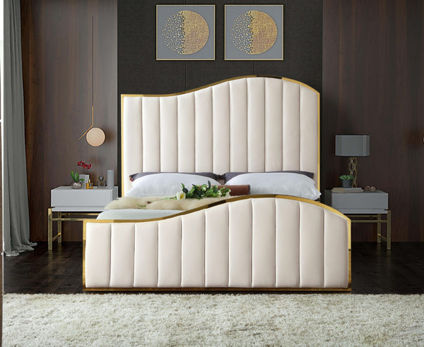 Jolie Velvet / Engineered Wood / Metal / Foam Contemporary Cream Velvet King Bed (3 Boxes) - 81" W x 87.5" D x 61.5" H