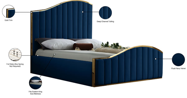 Jolie Velvet / Engineered Wood / Metal / Foam Contemporary Navy Velvet King Bed (3 Boxes) - 81" W x 87.5" D x 61.5" H