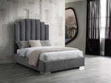 Jordan Queen Bed , Fully Upholstered Grey 100% Velvet Fabric, Double Usb In Headboard, Chrome Legs