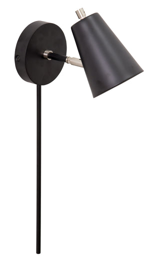 Kirby LED wall lamp in black with satin nickel accents