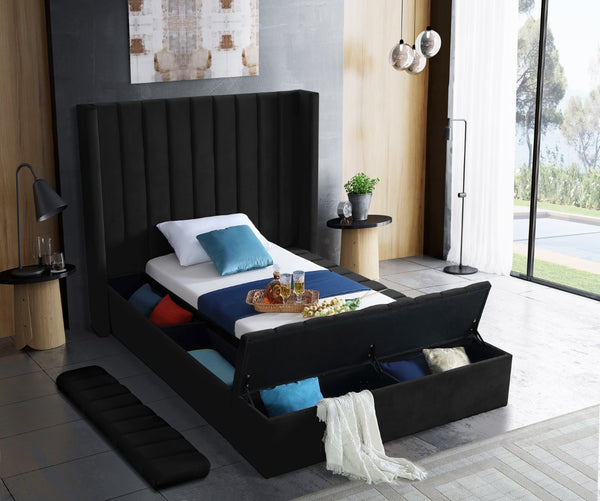 Kiki Velvet / Engineered Wood / Foam Contemporary Black Velvet Twin Bed (3 Boxes) - 70" W x 94" D x 65" H