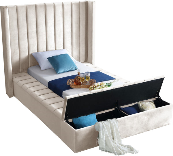 Kiki Velvet / Engineered Wood / Foam Contemporary Cream Velvet Twin Bed (3 Boxes) - 70" W x 94" D x 65" H