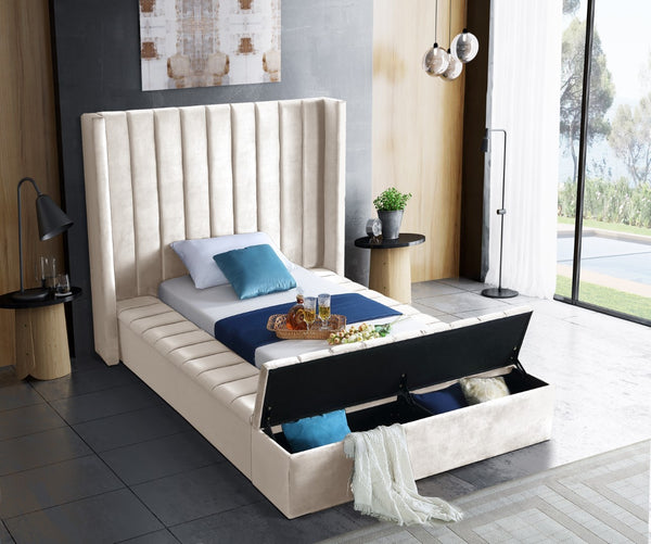 Kiki Velvet / Engineered Wood / Foam Contemporary Cream Velvet Twin Bed (3 Boxes) - 70" W x 94" D x 65" H