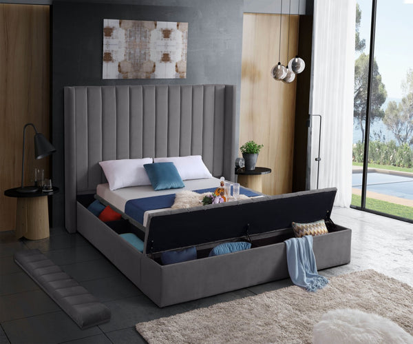 Kiki Velvet / Engineered Wood / Foam Contemporary Grey Velvet King Bed (3 Boxes) - 103" W x 99" D x 65" H