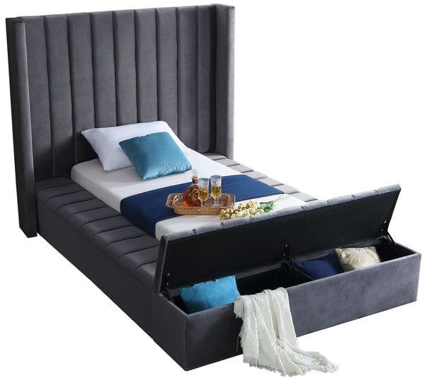 Kiki Velvet / Engineered Wood / Foam Contemporary Grey Velvet Twin Bed (3 Boxes) - 70" W x 94" D x 65" H
