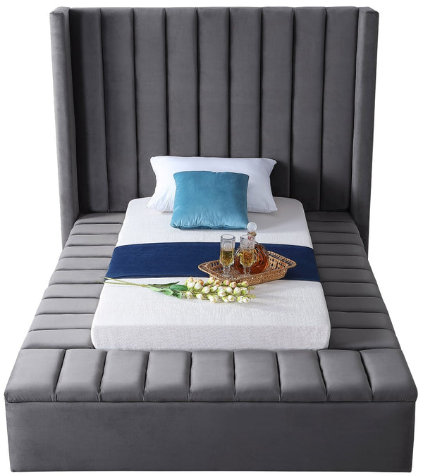 Kiki Velvet / Engineered Wood / Foam Contemporary Grey Velvet Twin Bed (3 Boxes) - 70" W x 94" D x 65" H
