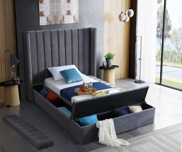 Kiki Velvet / Engineered Wood / Foam Contemporary Grey Velvet Twin Bed (3 Boxes) - 70" W x 94" D x 65" H