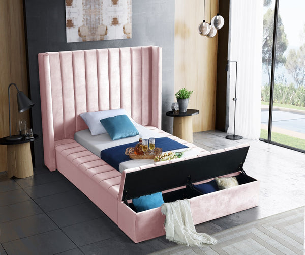 Kiki Velvet / Engineered Wood / Foam Contemporary Pink Velvet Twin Bed (3 Boxes) - 70" W x 94" D x 65" H
