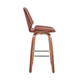 Arabela 26" Brown Faux Leather and Walnut Wood Swivel Bar Stool