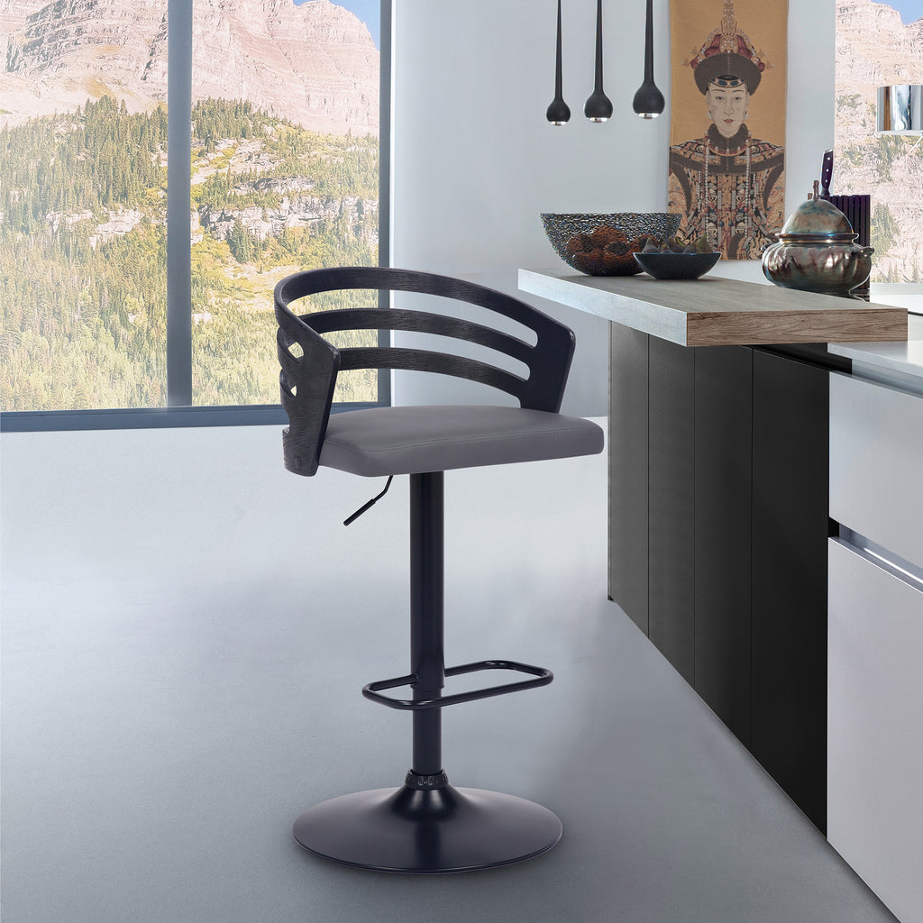 Adele Adjustable Height Swivel Grey Faux Leather and Black Wood Bar Stool with Black Base