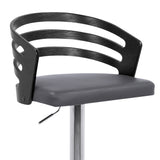 Adele Adjustable Height Swivel Grey Faux Leather and Black Wood Bar Stool with Chrome Base