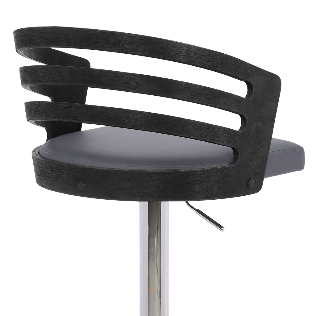 Adele Adjustable Height Swivel Grey Faux Leather and Black Wood Bar Stool with Chrome Base