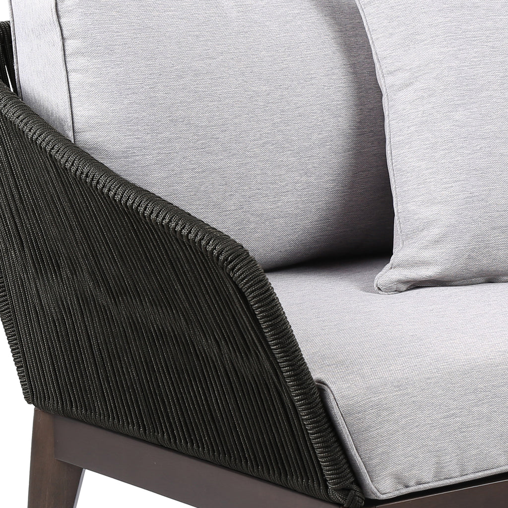 Athos Indoor Outdoor Club Chair in Dark Eucalyptus Wood with Latte Rope and Grey Cushions