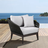 Athos Indoor Outdoor Club Chair in Dark Eucalyptus Wood with Latte Rope and Grey Cushions