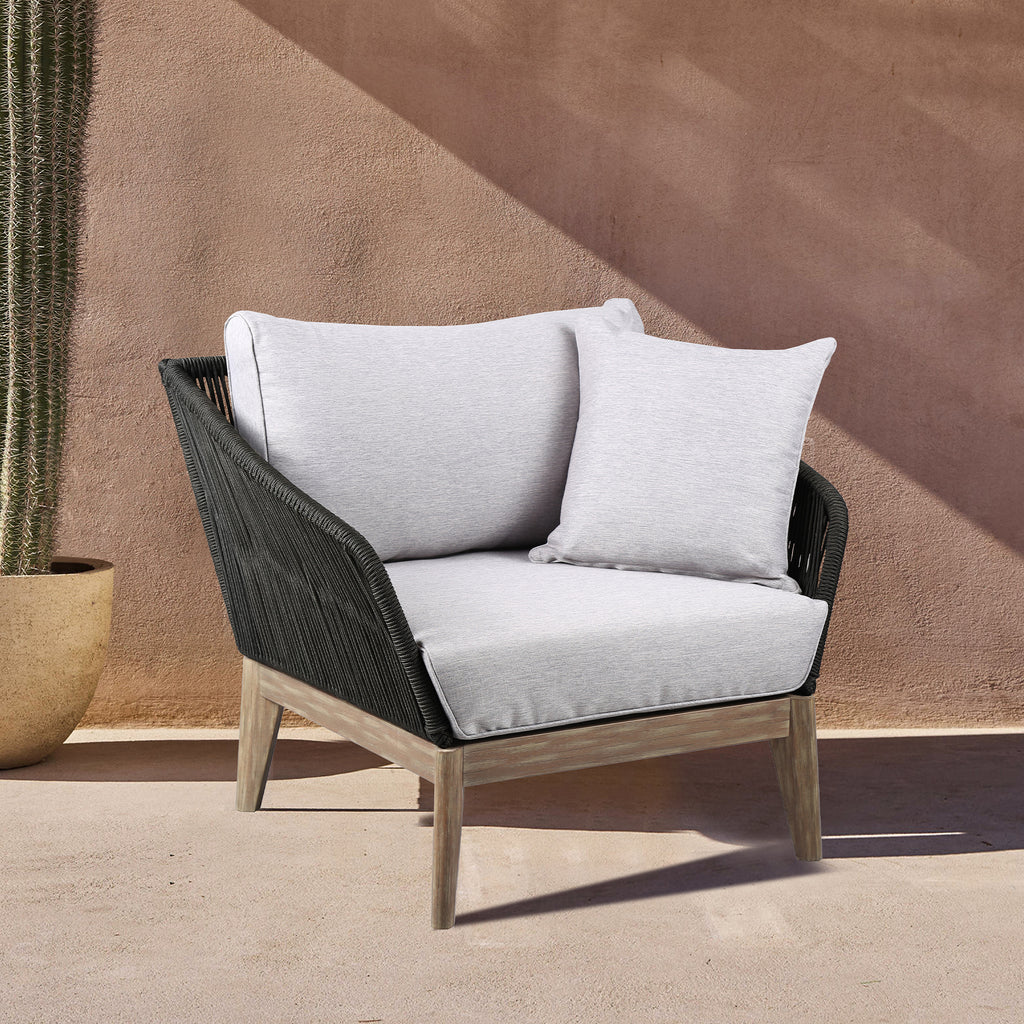 Athos Indoor Outdoor Club Chair in Light Eucalyptus Wood with Latte Rope and Grey Cushions