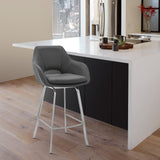 Aura Gray Faux Leather and Brushed Stainless Steel Swivel 30" Bar Stool