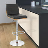 Aubrey Adjustable Height Swivel Black Faux Leather and Chrome Bar Stool with Walnut Wood