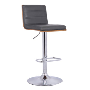 Aubrey Adjustable Height Swivel Grey Faux Leather and Chrome Bar Stool with Walnut Wood