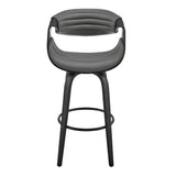 Arya 30" Swivel Bar Stool in Gray Faux Leather and Black Wood