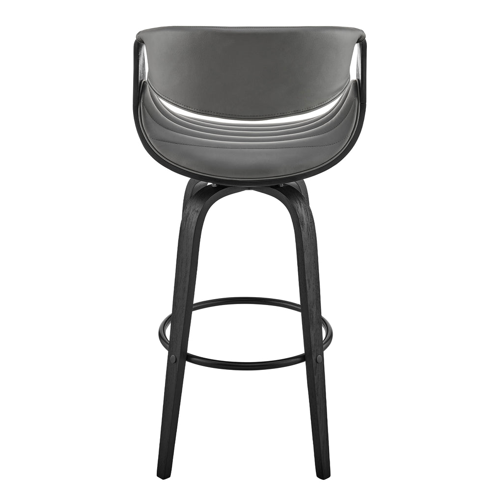 Arya 30" Swivel Bar Stool in Gray Faux Leather and Black Wood