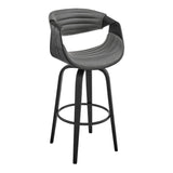 Arya 30" Swivel Bar Stool in Gray Faux Leather and Black Wood