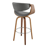 Arya 30" Swivel Bar Stool in Gray Faux Leather and Walnut Wood