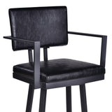 Balboa 26" Counter Height Swivel Vintage Black Faux Leather and Metal Bar Stool with Arms