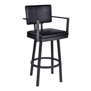 Balboa 30" Bar Height Swivel Vintage Black Faux Leather and Metal Bar Stool with Arms