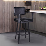 Balboa 30" Bar Height Swivel Vintage Black Faux Leather and Metal Bar Stool with Arms