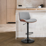 Brock Adjustable Gray Faux Leather and Walnut Wood with Black Finish Bar Stool
