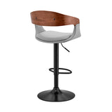 Benson Adjustable Gray Faux Leather and Walnut Wood Bar Stool with Black Base