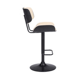 Brooklyn Adjustable Swivel Cream Faux Leather and Black Wood Bar Stool with Black Base