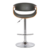 Butterfly Adjustable Height Swivel Grey Faux Leather and Walnut Wood Bar Stool with Chrome Base 
