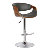 Butterfly Adjustable Height Swivel Grey Faux Leather and Walnut Wood Bar Stool with Chrome Base 