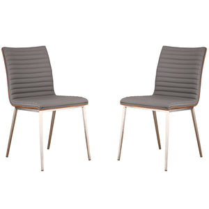 Café Brushed Stainless Steel Dining Chair in Gray Faux Leather with Walnut Back - Set of 2