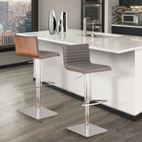 Café Adjustable Height Swivel Grey Faux Leather and Walnut Wood Bar Stool with Brushed Stainless Steel Base